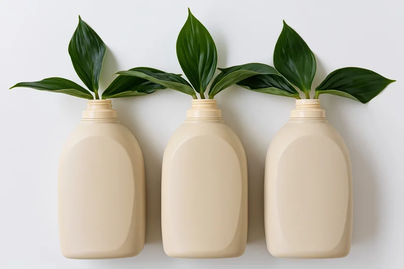 Three beige plastic detergent bottles arranged in a row with green leaves sprouting from their caps on a white background