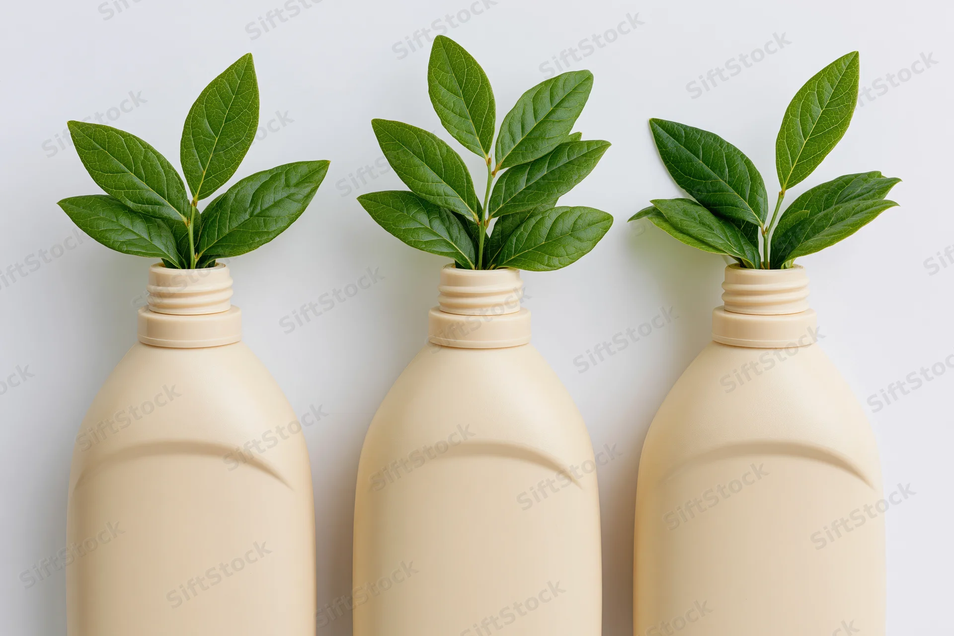 Three beige plastic detergent bottles with green leafy sprouts growing from their openings, arranged in a row against a white background