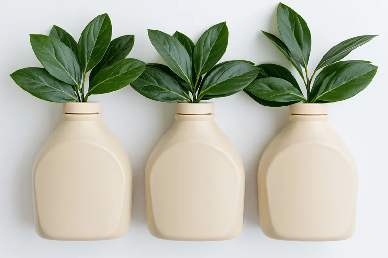 Three beige plastic detergent bottles arranged in a row with green leaves emerging from each, on a white background