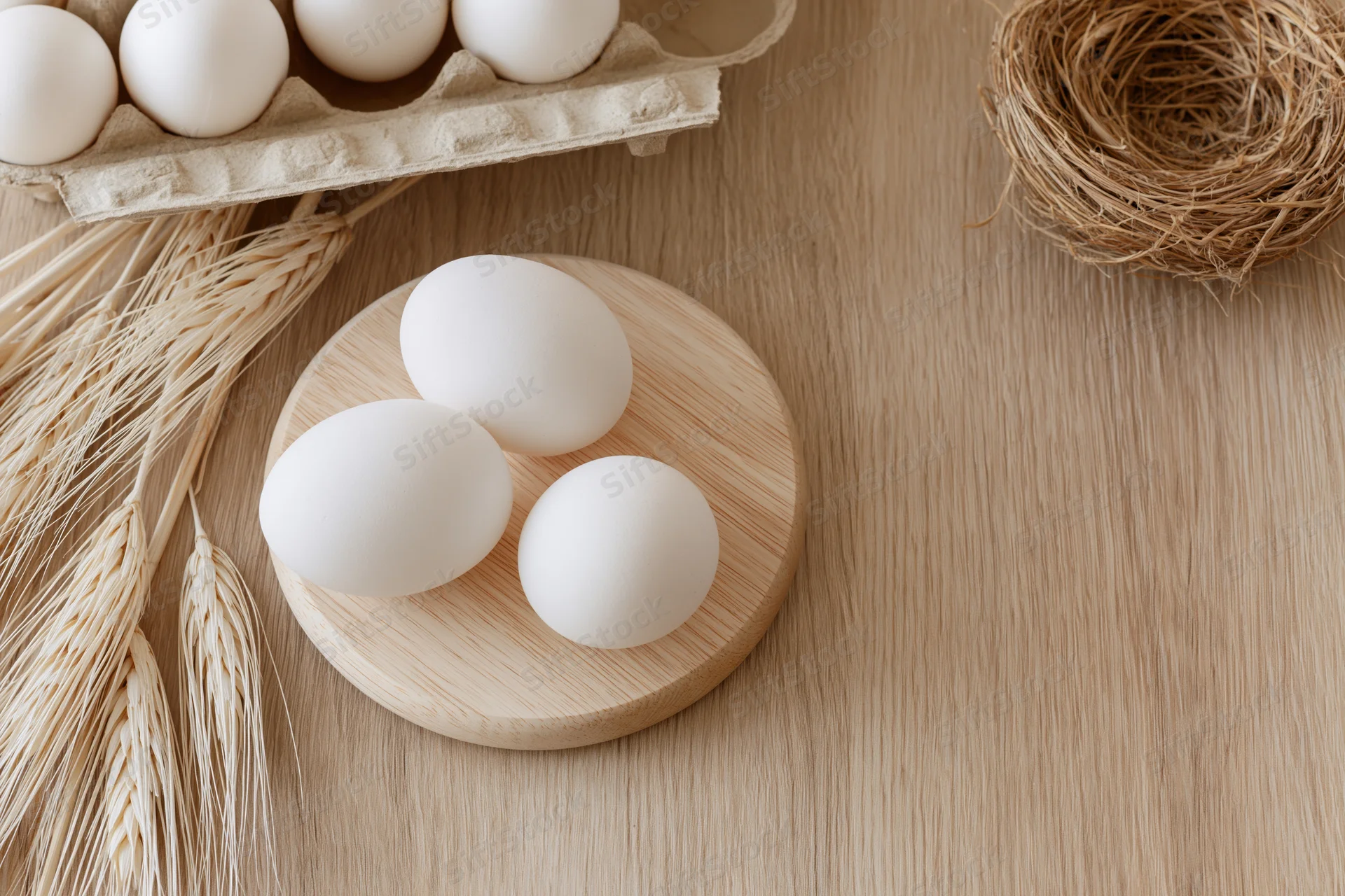 Three white eggs arranged on a small round wooden plate on a light wooden table with wheat stalks and a straw nest nearby