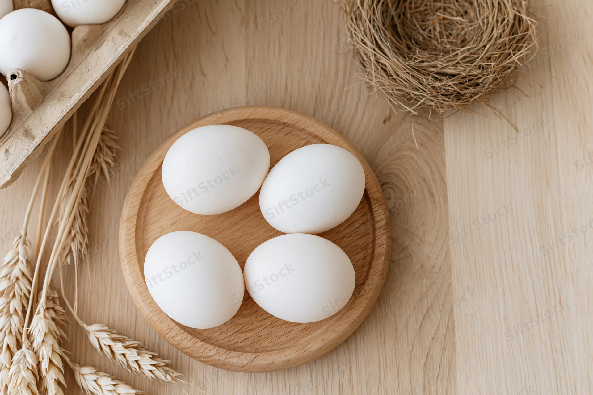 Four white eggs arranged on a round wooden plate on a light wooden table with wheat stalks and a straw nest nearby