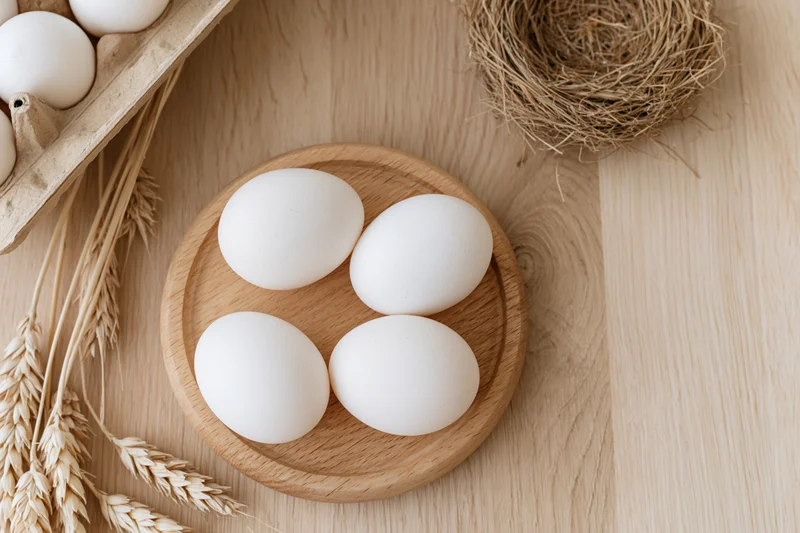 Four white eggs arranged on a round wooden plate on a light wooden table with wheat stalks and a straw nest nearby
