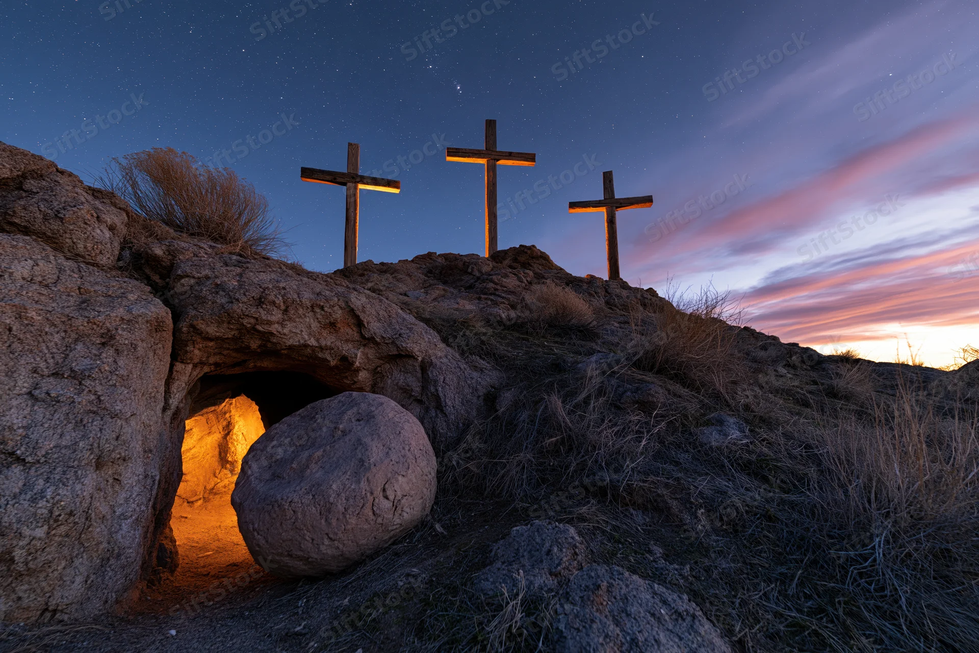 Three wooden crosses silhouetted on a rocky hill at twilight with a glowing cave entrance below and starry sky above