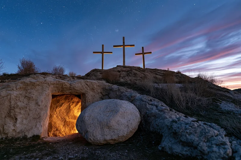 Three wooden crosses on a rocky hill at twilight with a lit cave and starry sky