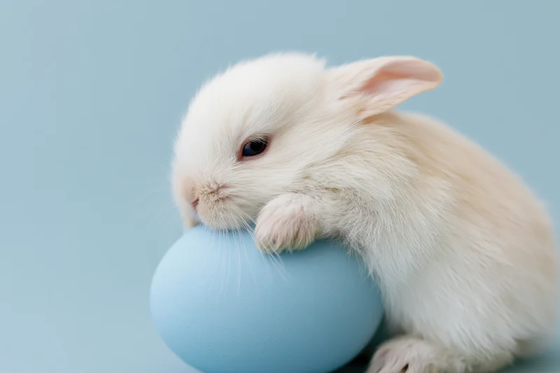 Tiny white fluffy baby rabbit resting its front paws on a blue egg against a light blue background