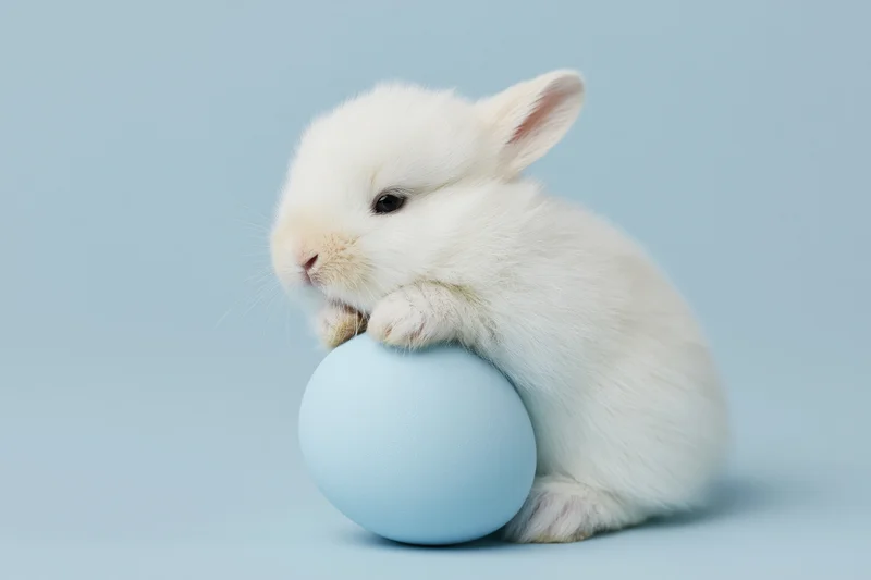 Tiny white fluffy baby rabbit resting its front paws on a blue egg against a light blue background
