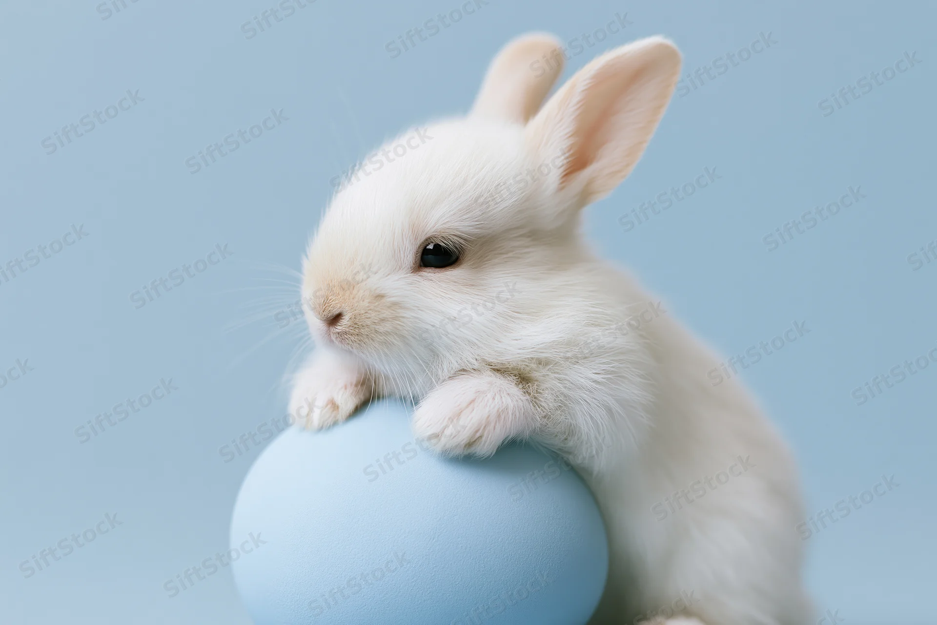 Tiny white fluffy baby rabbit resting its front paws on a blue egg against a plain background