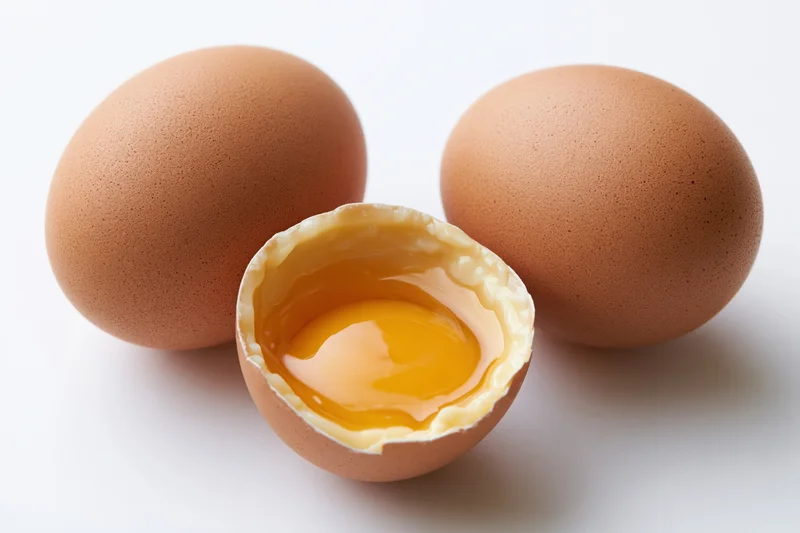 Two brown chicken eggs on white background one whole and one cracked open showing yolk