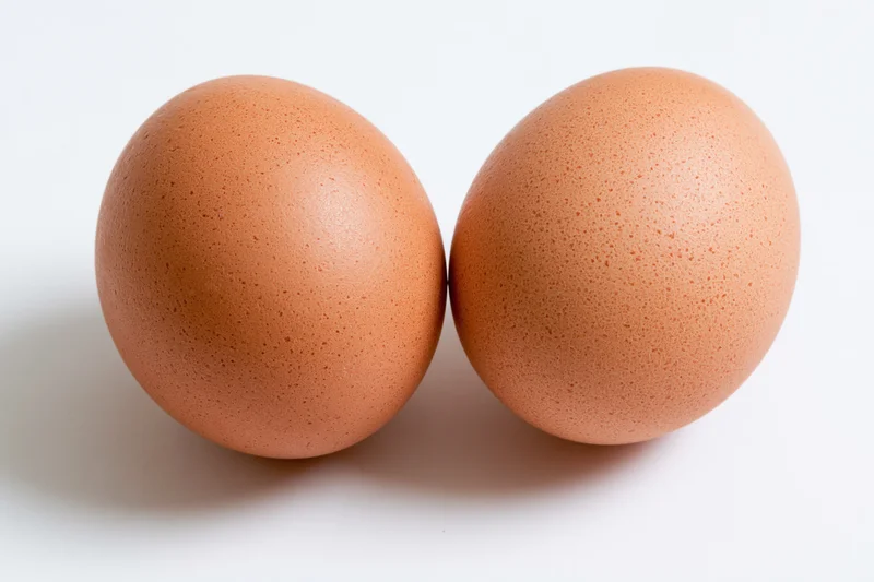 Two brown chicken eggs resting side by side on a plain white surface