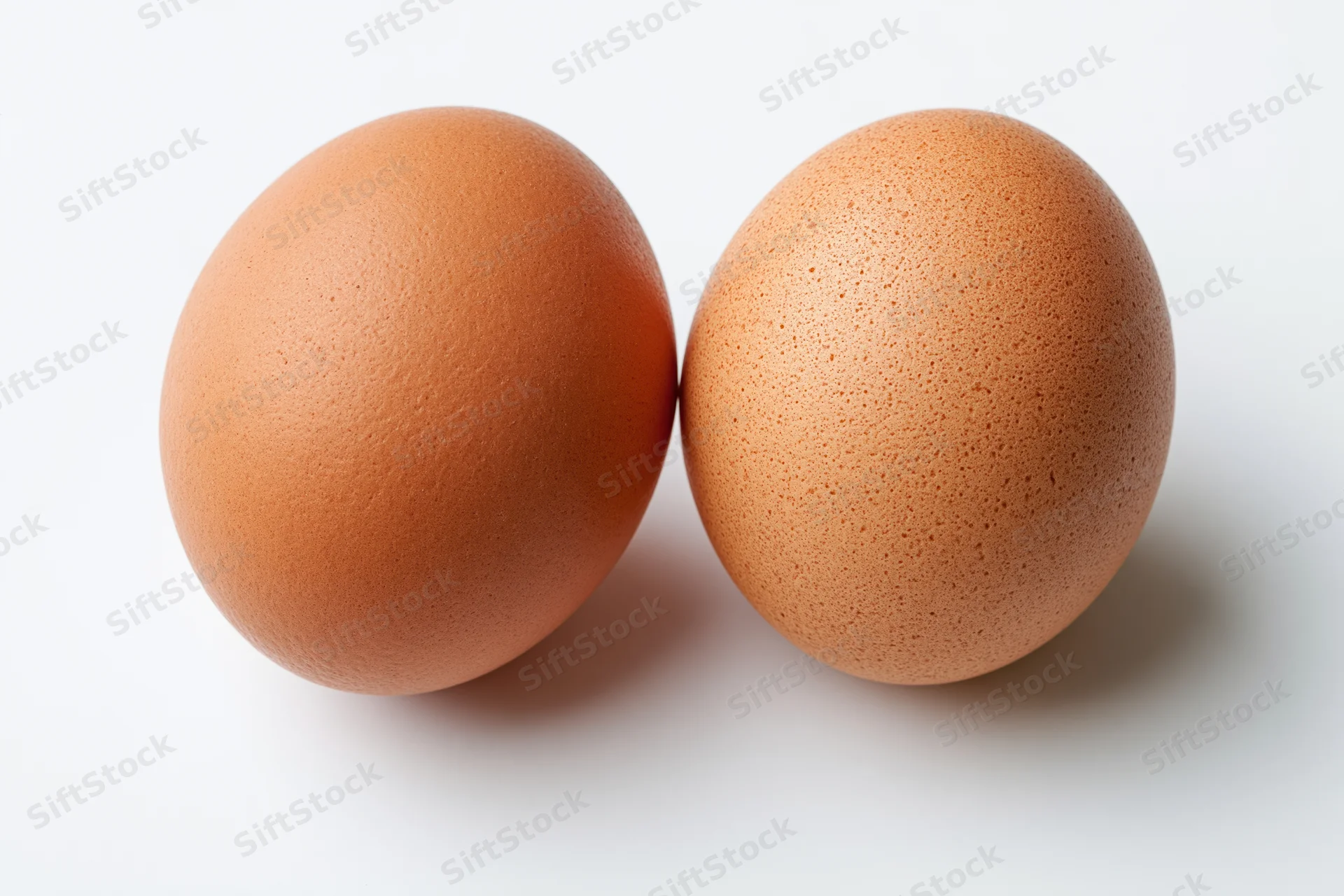 Two brown chicken eggs resting side by side on a plain white surface