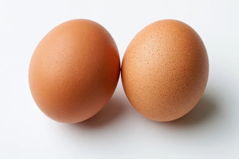 Two brown chicken eggs resting side by side on a plain white surface
