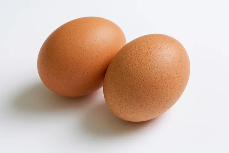 Two brown chicken eggs resting side by side on a plain white surface