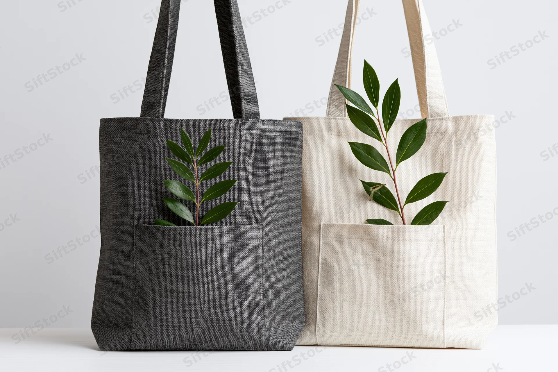 Two canvas tote bags with leafy branches in front pockets on white surface