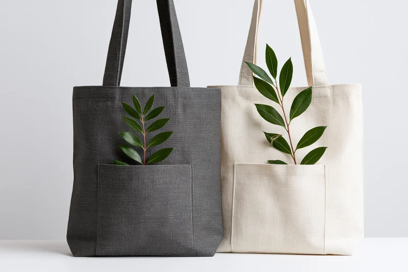 Two canvas tote bags with leafy branches in front pockets on white surface