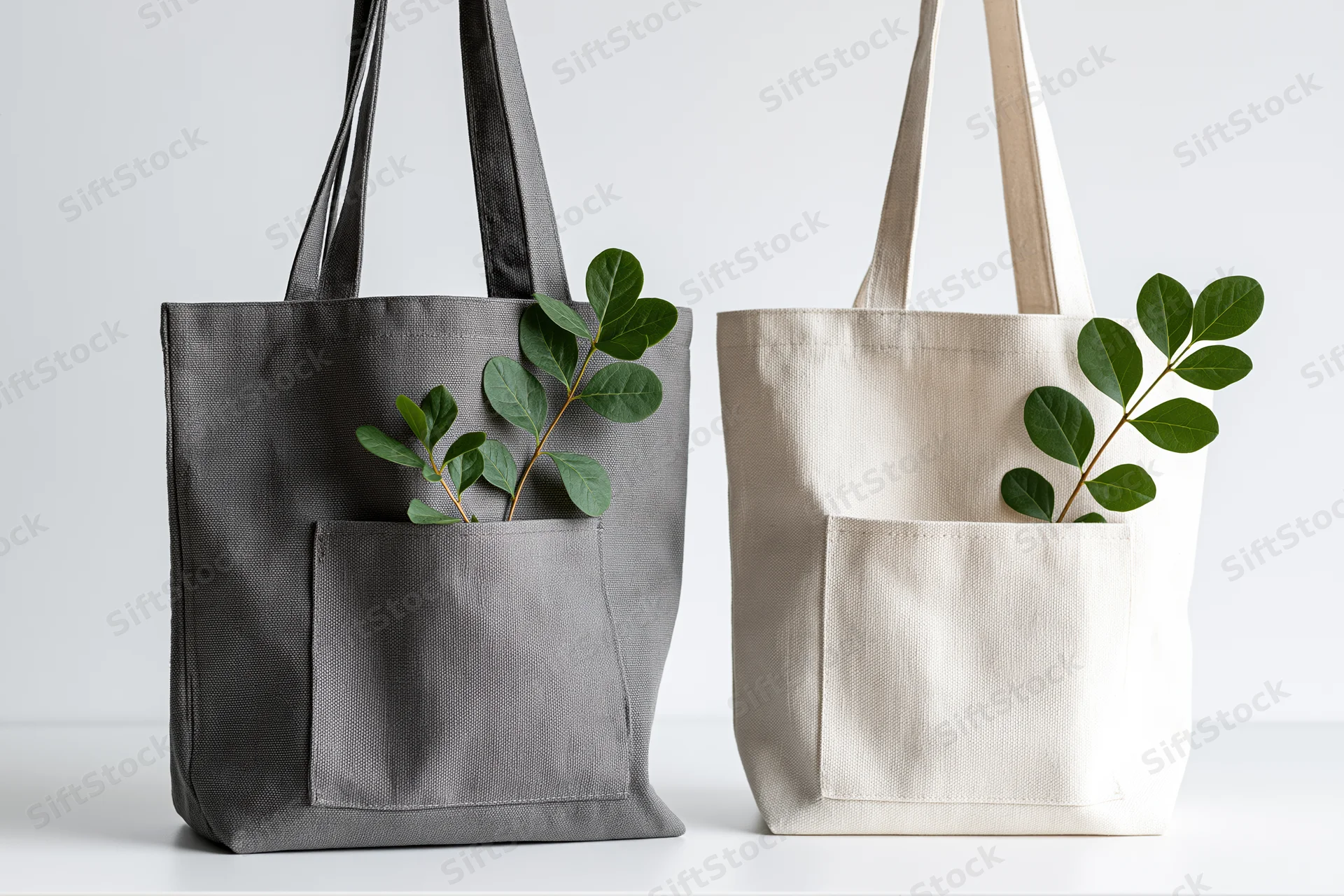 Two canvas tote bags in charcoal grey and off-white with green leaf branches in front pockets on white surface