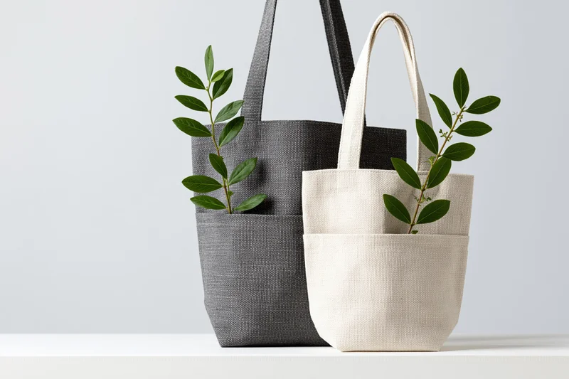 Two canvas tote bags in charcoal and off-white with green leafy branches inserted in front pockets on a white surface