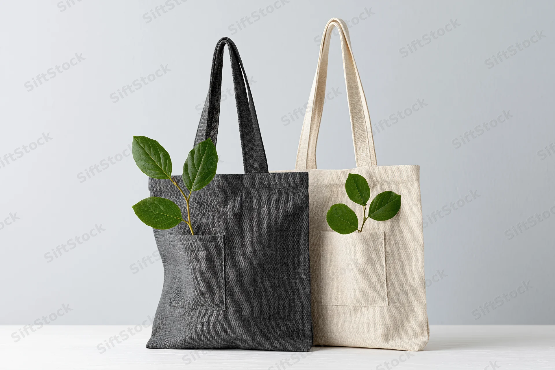 Two canvas tote bags with front pockets each holding a small green plant sprout, placed side by side on a white surface against a light grey background
