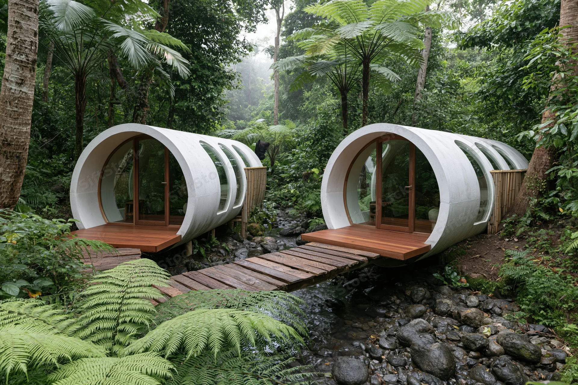 Two curved concrete tube-shaped eco villas with wooden decks and arched windows situated beside a stream in a lush tropical forest