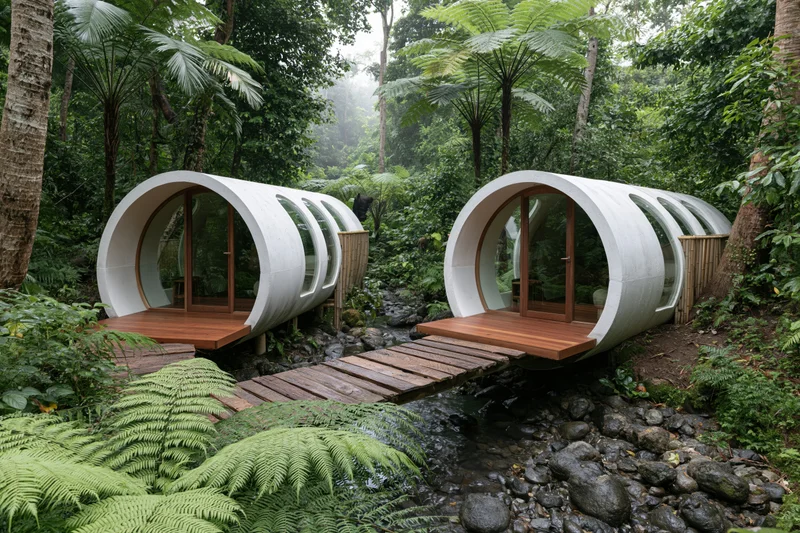 Two curved concrete tube-shaped eco villas with wooden decks and arched windows situated beside a stream in a lush tropical forest
