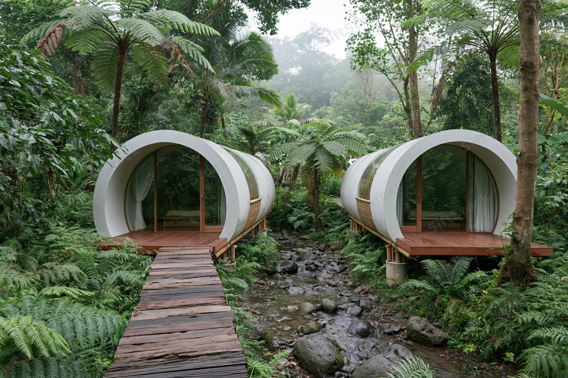 Two curved concrete tube-shaped eco villas with large arched windows on wooden decks over a stream in a tropical forest