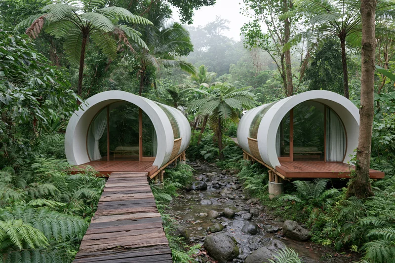 Two curved concrete tube-shaped eco villas with large arched windows on wooden decks over a stream in a tropical forest