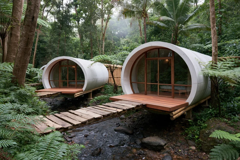 Two curved concrete tube-shaped eco villas with arched windows and wooden decks over a forest stream, surrounded by tropical foliage and ferns