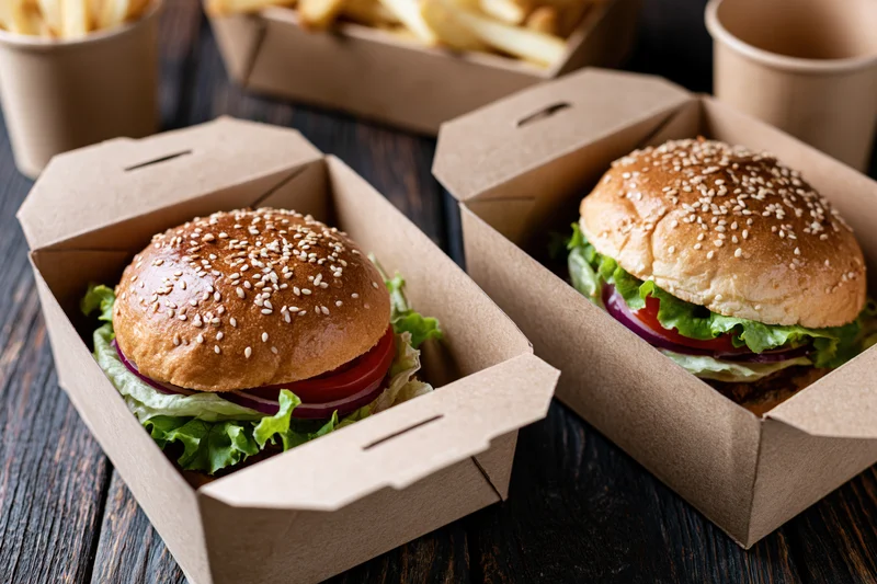 Two gourmet burgers with sesame seed brioche buns layered with lettuce, tomato, and onion in cardboard boxes on a dark wooden table with side of fries