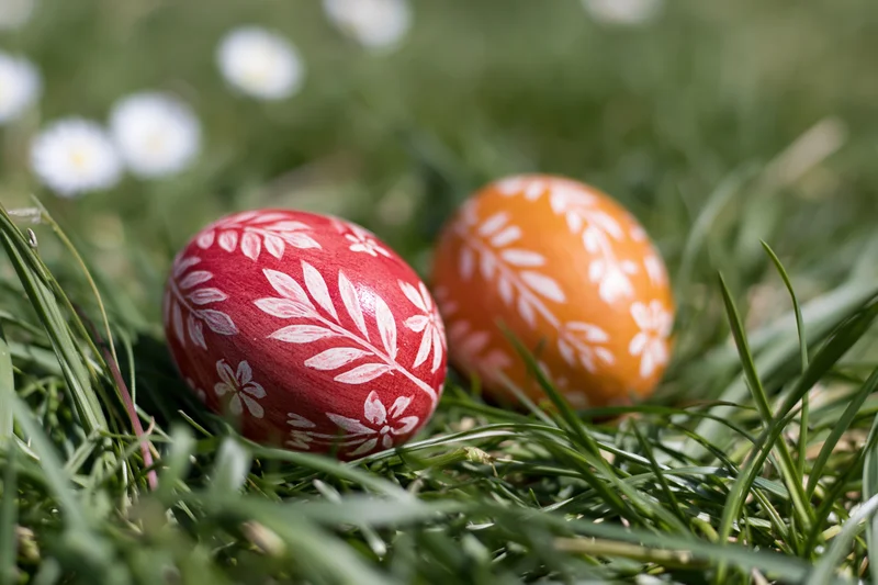Two hand-painted easter eggs with white floral patterns resting in green grass