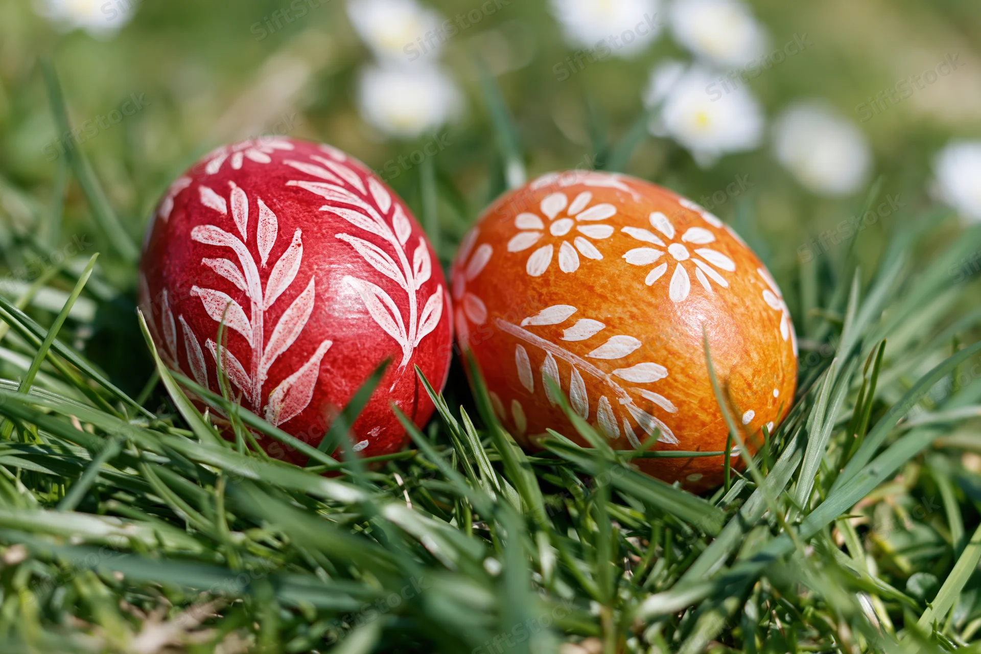 Two hand-painted easter eggs with white floral patterns resting in green grass