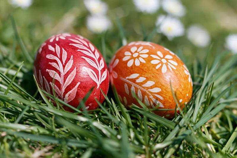 Two hand-painted easter eggs with white floral patterns resting in green grass