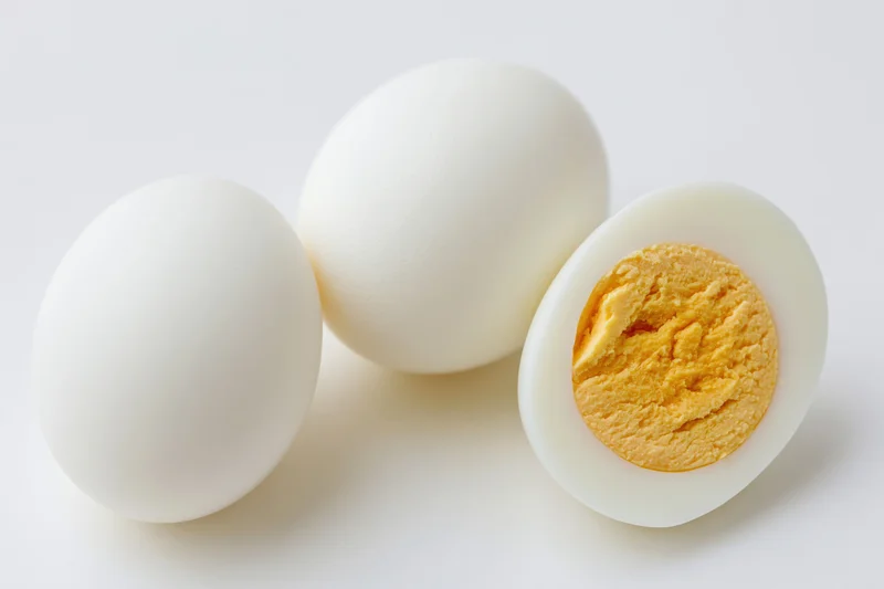 Two hard-boiled eggs on white background one whole and one halved showing yolk