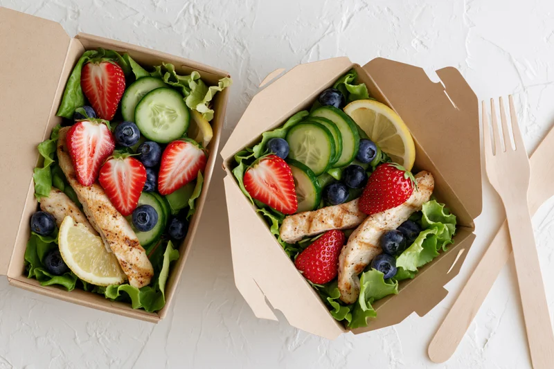 Two kraft paper takeout containers filled with fresh salads topped with grilled chicken, strawberries, blueberries, cucumber, and lemon slices on a white surface with wooden cutlery beside them