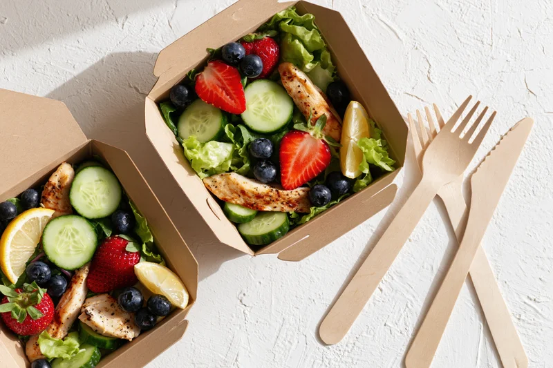 Two kraft paper takeout containers filled with fresh salads arranged on a white textured surface with wooden cutlery beside them