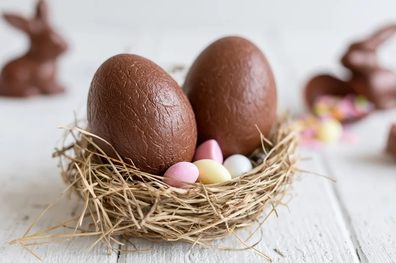 Two large textured milk chocolate easter eggs nestled in a straw nest with small colorful eggs on a white wooden surface