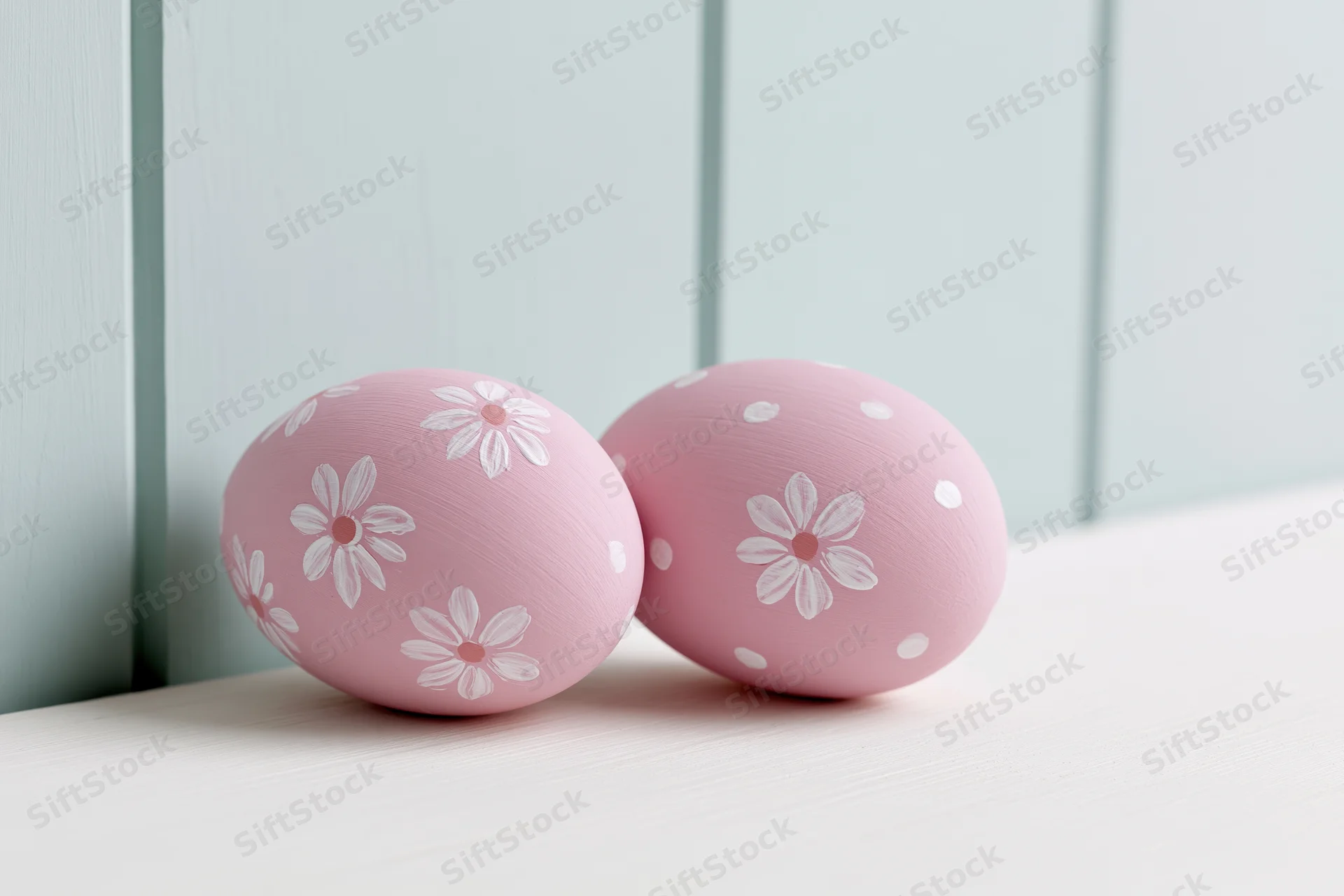 Two pink painted easter eggs with white floral and polka dot patterns resting side by side on a light wooden surface