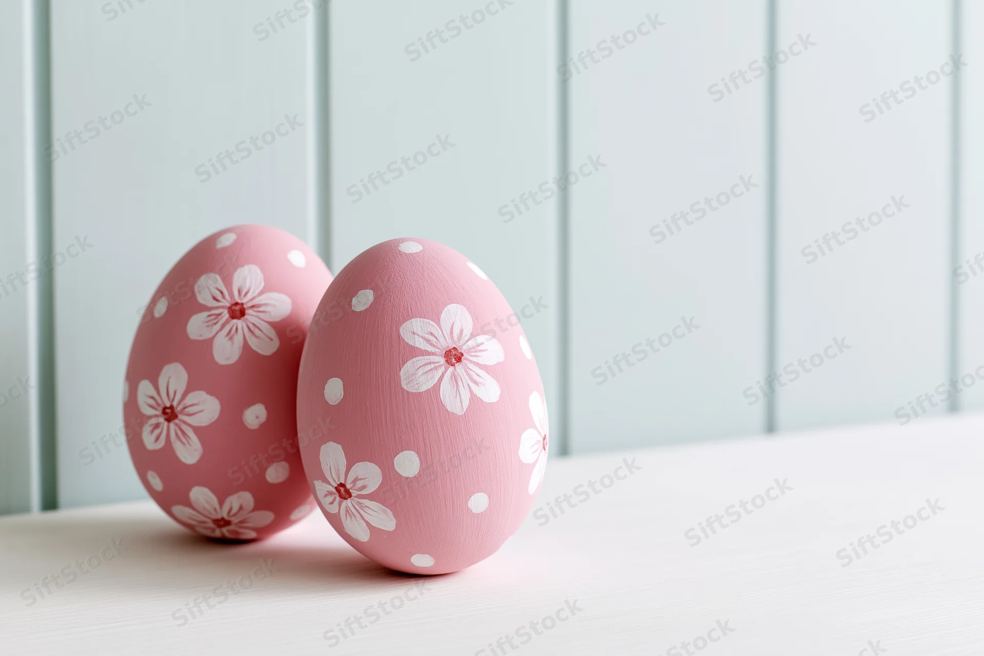 Two pink painted easter eggs with white floral and polka dot patterns on a white wooden surface