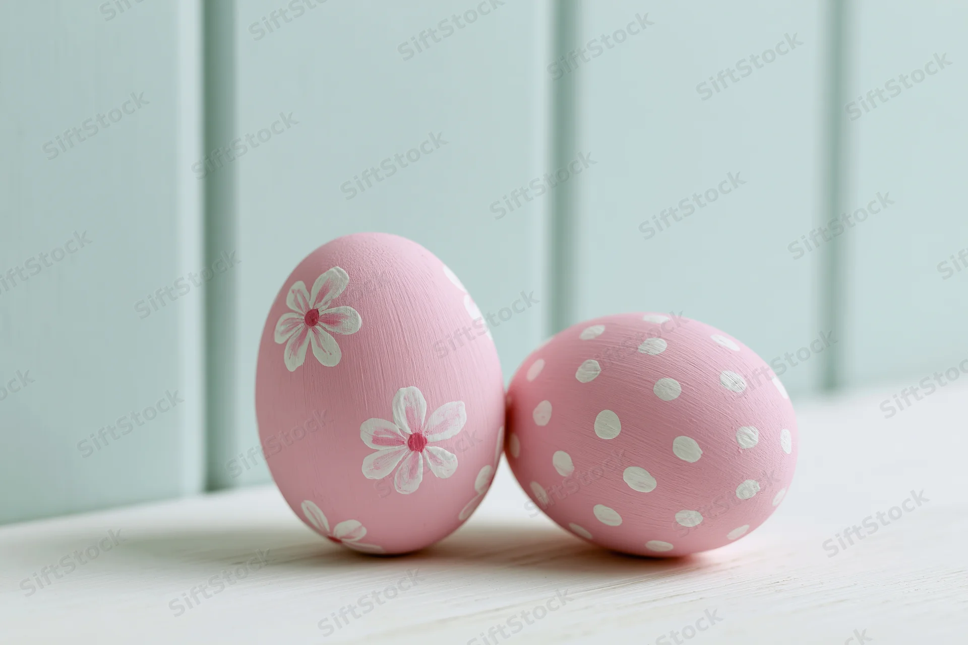 Two pink decorated easter eggs with floral and polka dot patterns resting on a white wooden surface against a mint green paneled wall