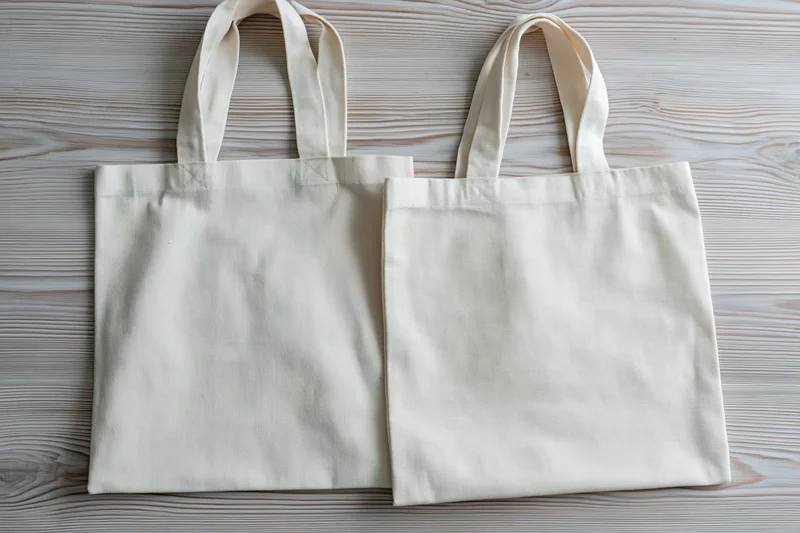 Two plain cream canvas tote bags laid flat and slightly overlapping on a wooden surface