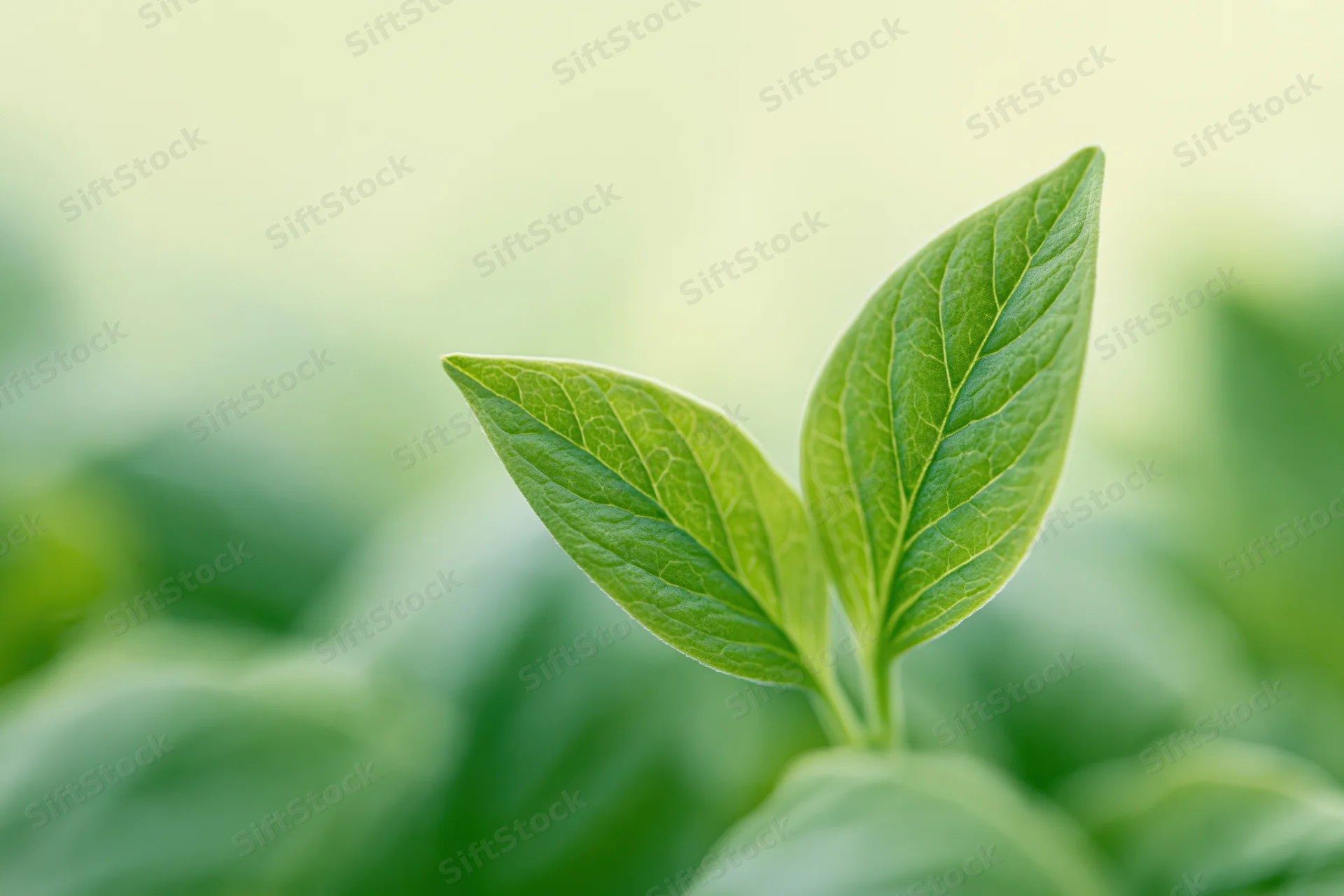 Two small green leaves with visible veining in sharp focus against a blurred natural background