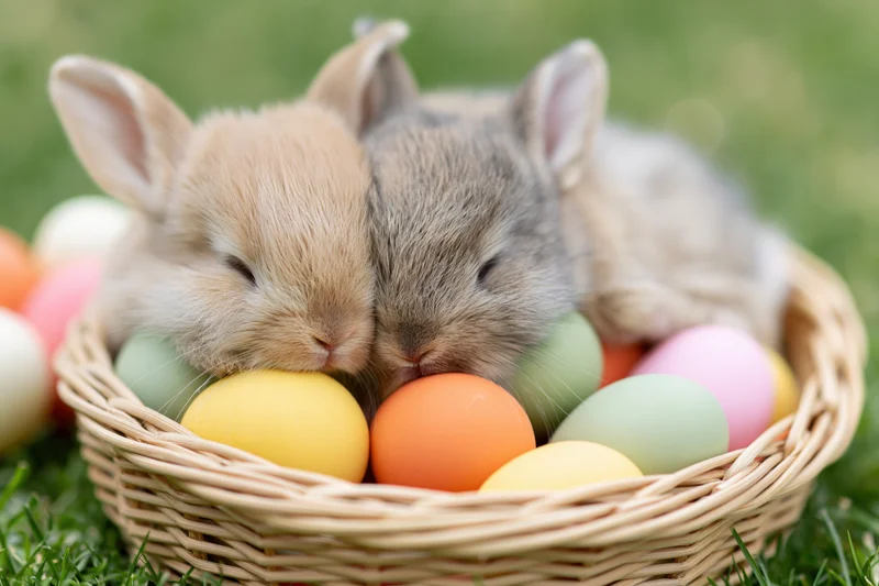 Two baby rabbits sleeping together in a wicker basket filled with colorful Easter eggs on grass