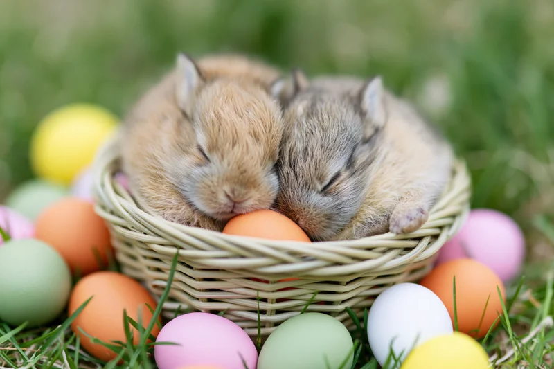 Two baby rabbits sleeping nestled together in a wicker basket surrounded by colorful easter eggs on grass