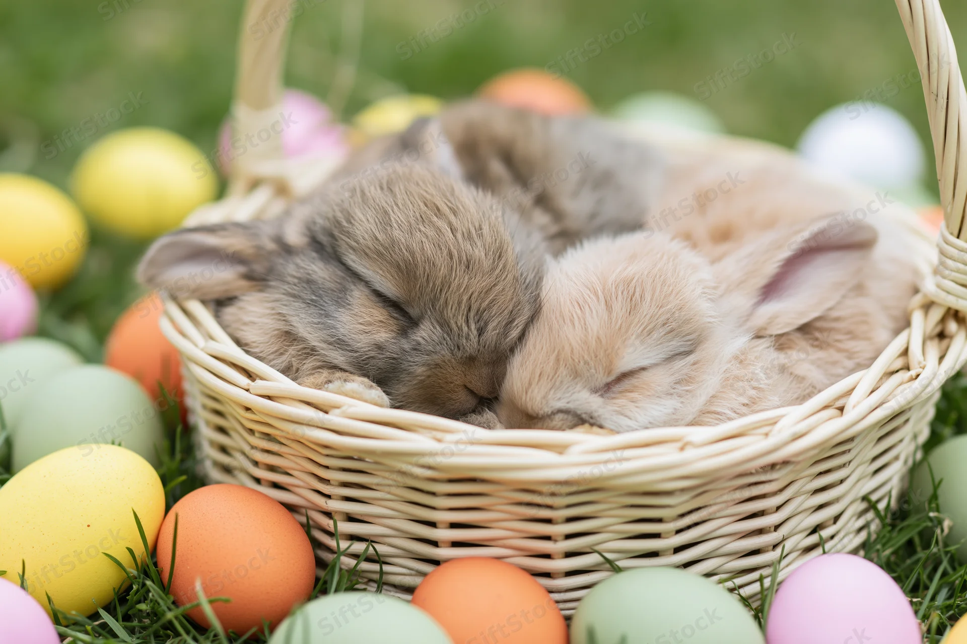 Two baby rabbits sleeping nestled together in a wicker basket surrounded by colorful Easter eggs on grass