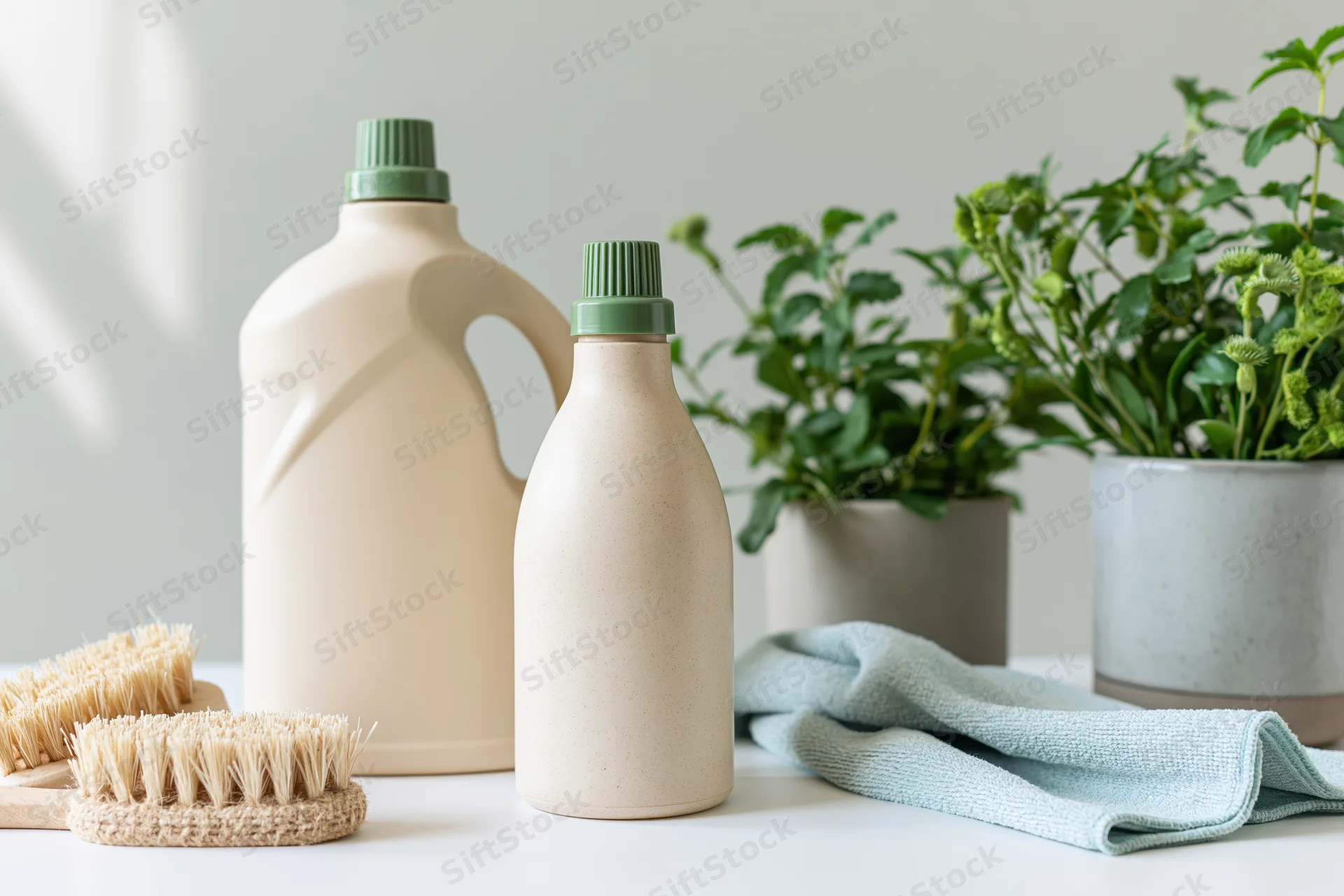 Two beige cleaning bottles with green caps arranged on a white surface beside brushes, a towel and potted plants