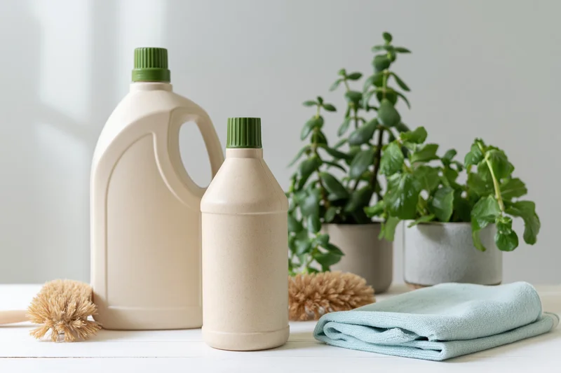 Two unlabeled beige cleaning bottles with green caps arranged on a white surface beside potted succulents and cleaning tools
