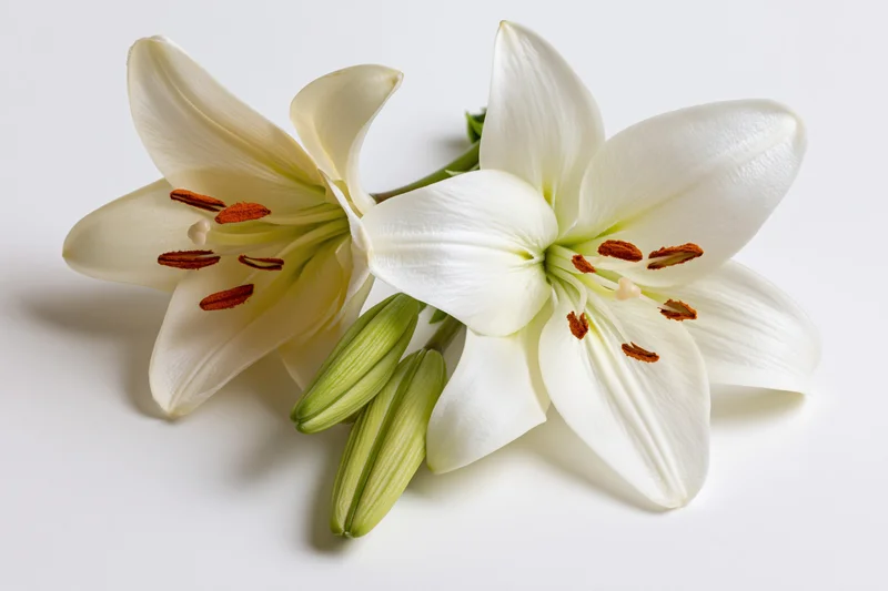 Two white lilies with open blooms and closed green buds arranged on a white surface