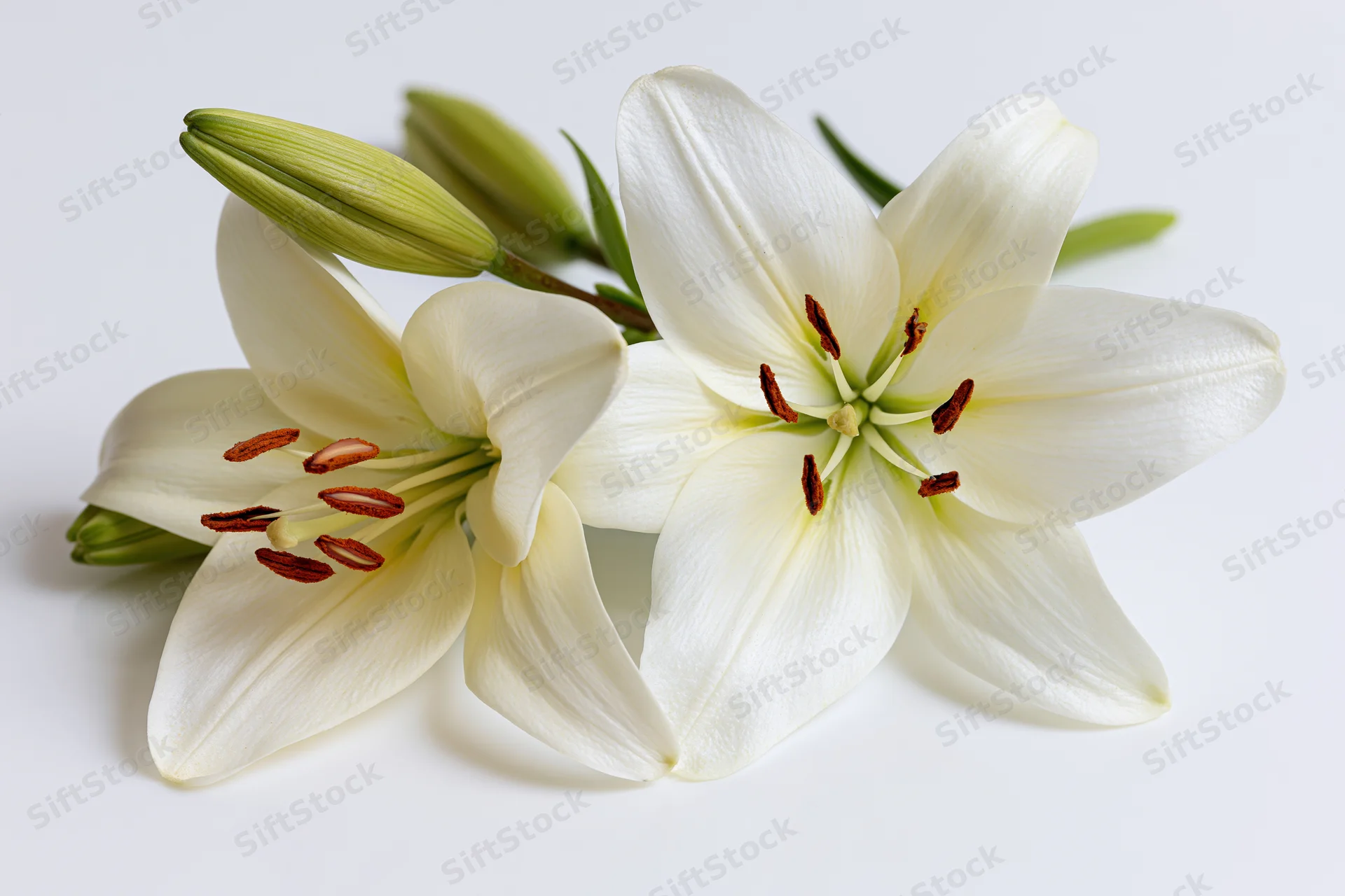 Two white lilies with open blooms and closed green buds arranged on a plain white surface