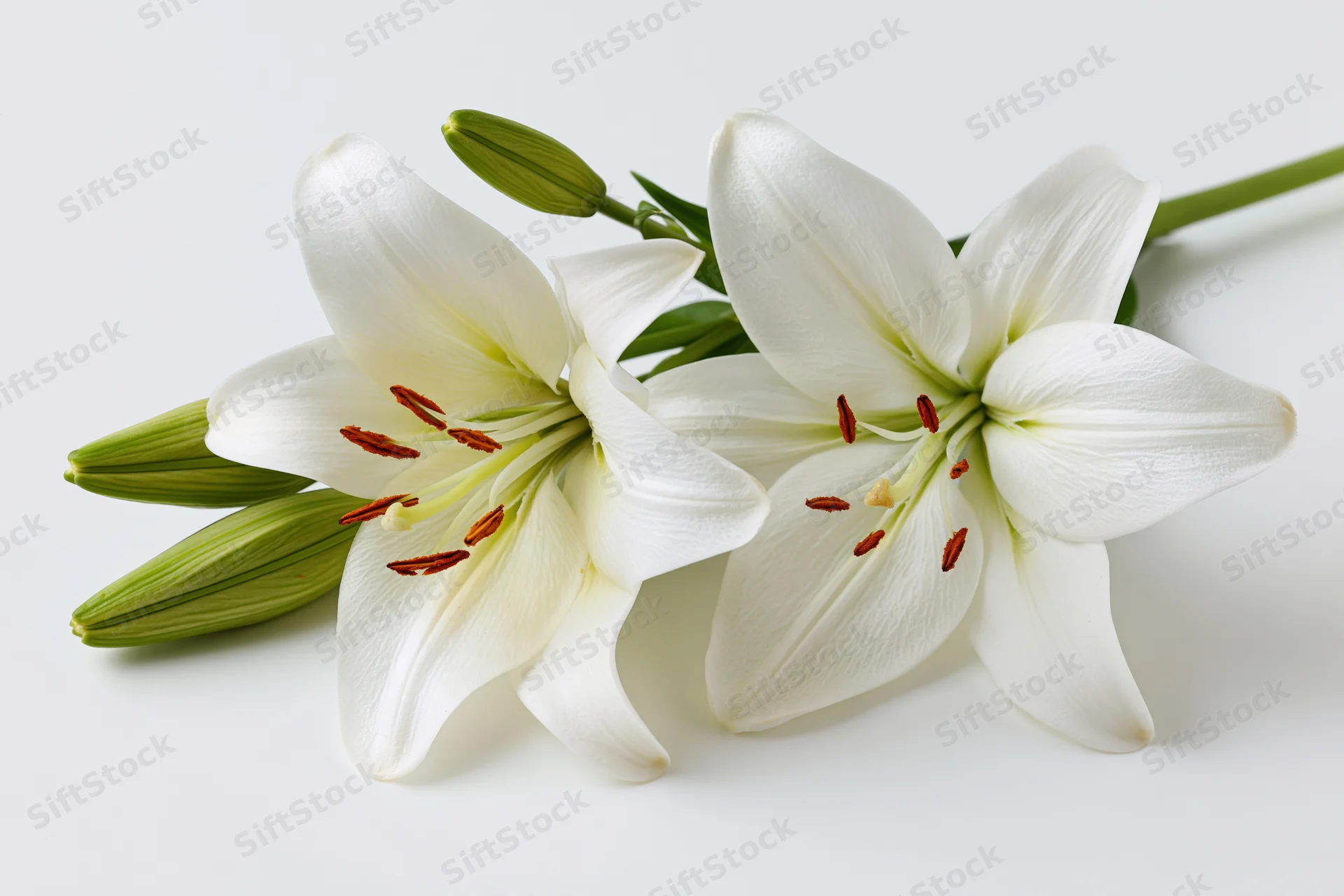 Two white lilies with open blooms and closed green buds arranged on a plain white surface