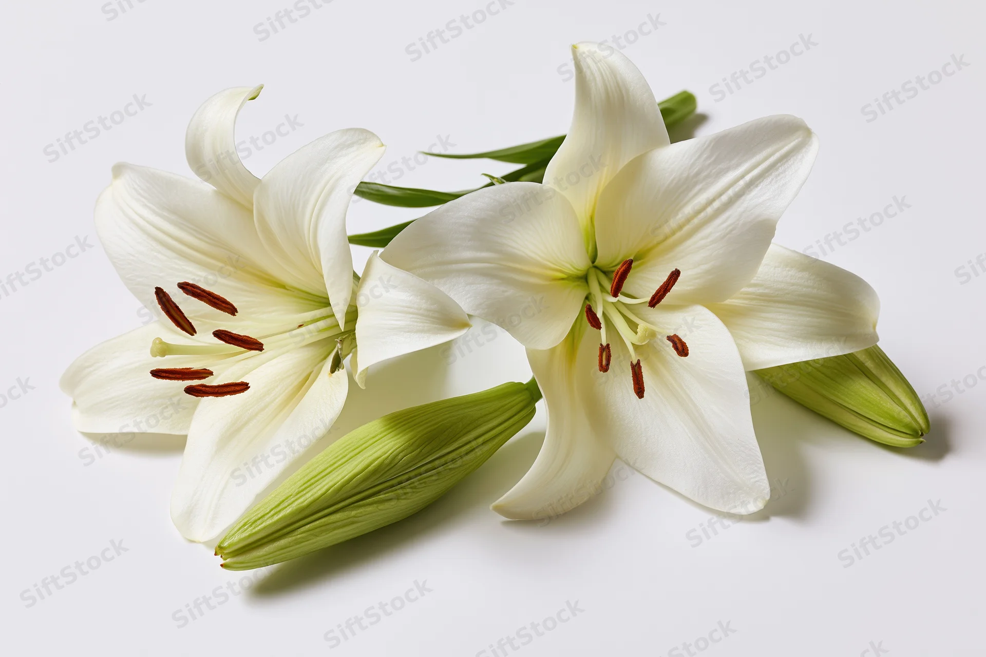 Two white lilies with open blooms and closed green buds arranged on a white background