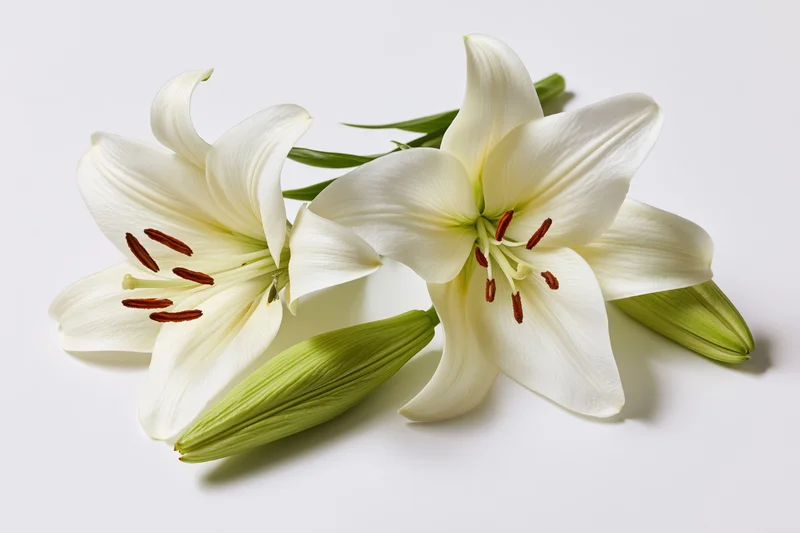 Two white lilies with open blooms and closed green buds arranged on a white background
