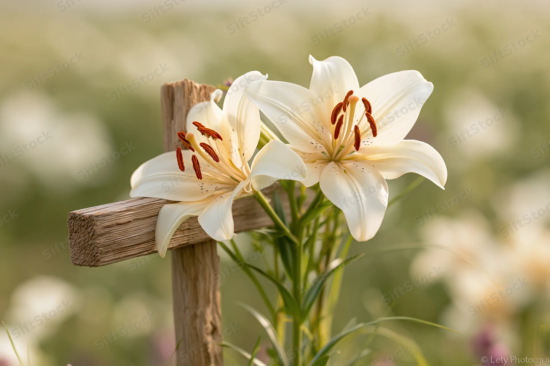 Two white easter lilies blooming beside a wooden cross in a garden